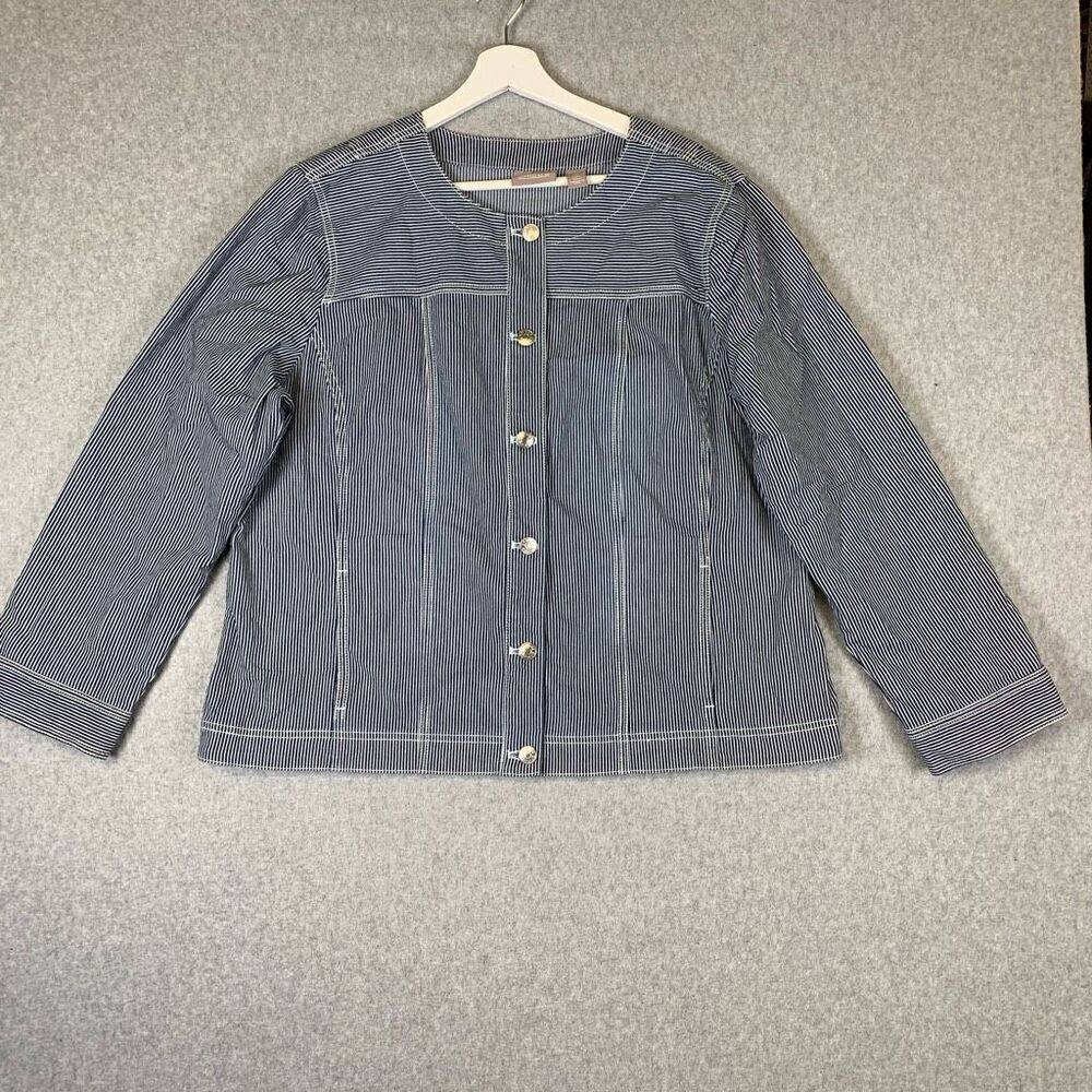 Chicos Women’s Size 3 Striped Cotton High Neck Button Up Jacket Blue White